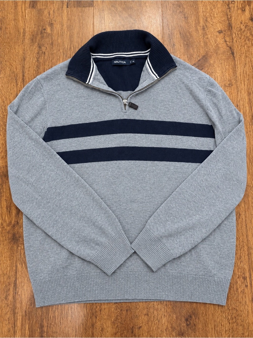 Nautica Men's Gray Quarter-Zip Cotton Sweater with Navy Stripes